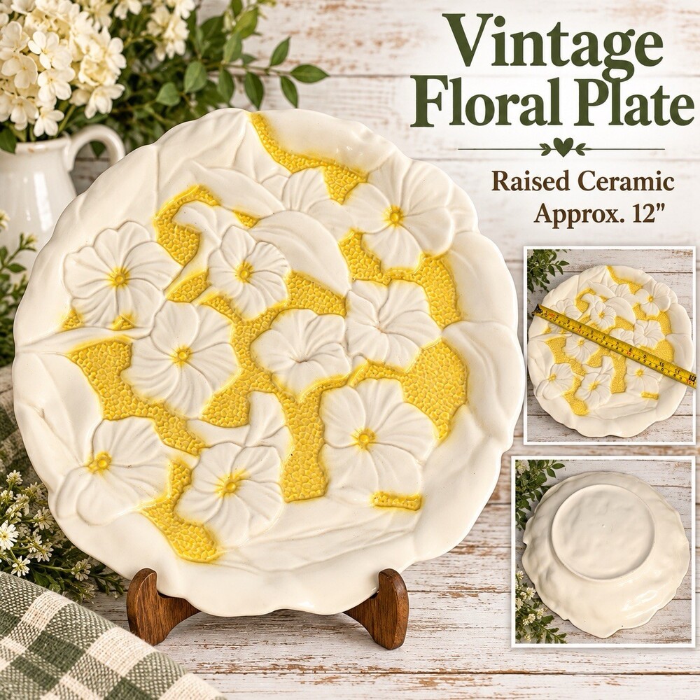 Vintage Ceramic Floral Plate Raised Flowers Yellow Cream 12” Cottage Decor